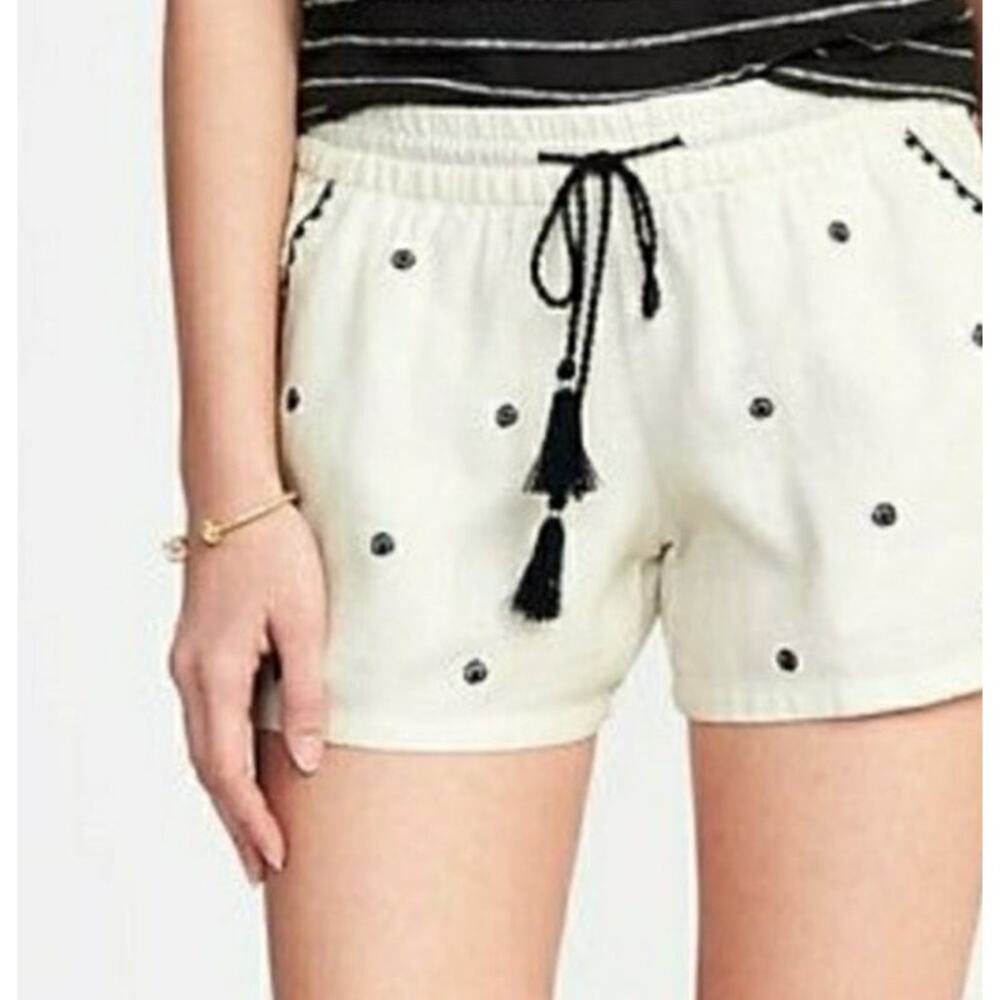Old Navy Drawstring Linen Blend Shorts‎ White Blue Boho Embroidered Large